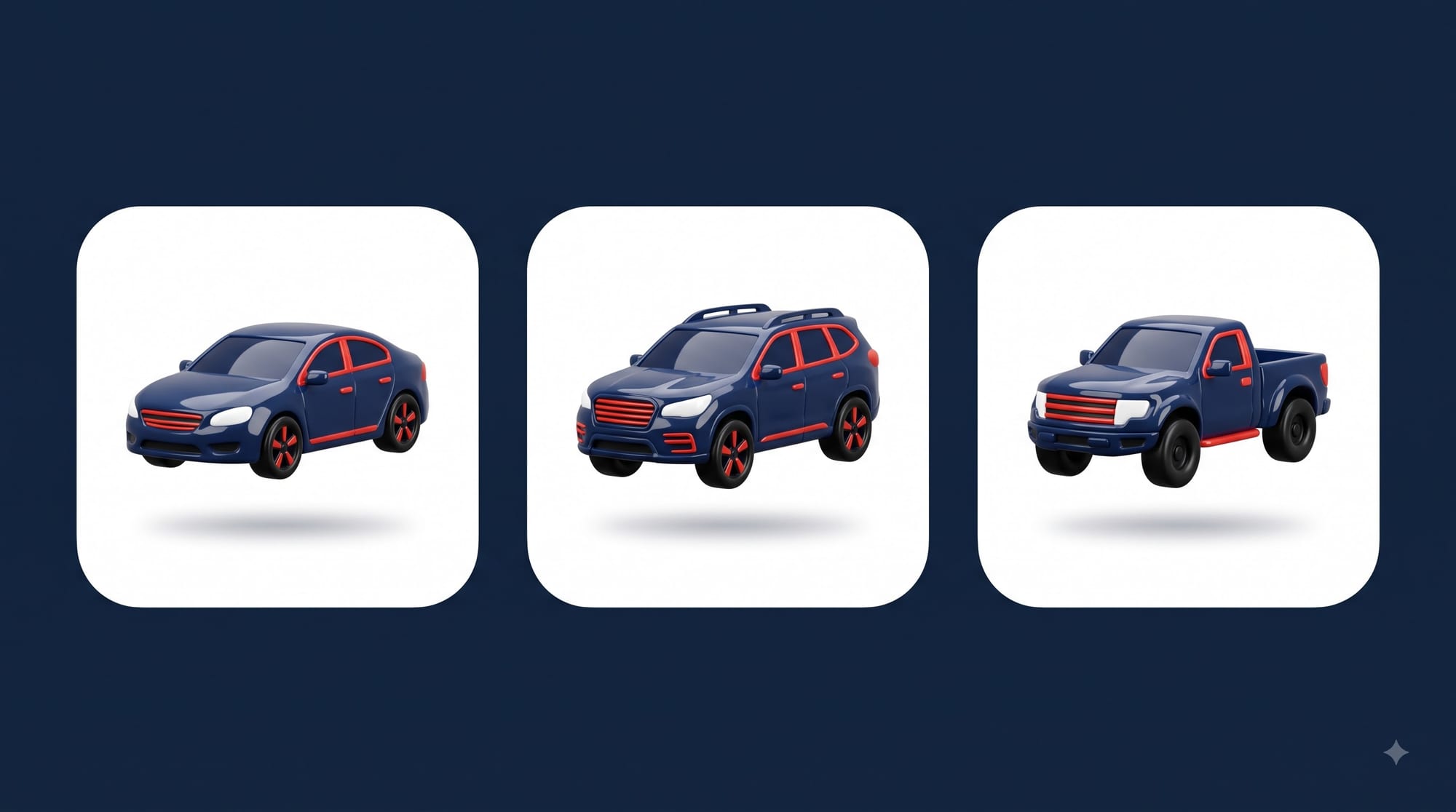 세단, SUV, 픽업트럭 매입 가능 차종 3D 일러스트